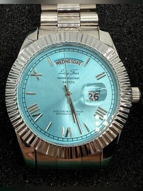 Lucky Fours Santos Aqua Blue 40mm Silver Stainless Steel Day Date Watch
